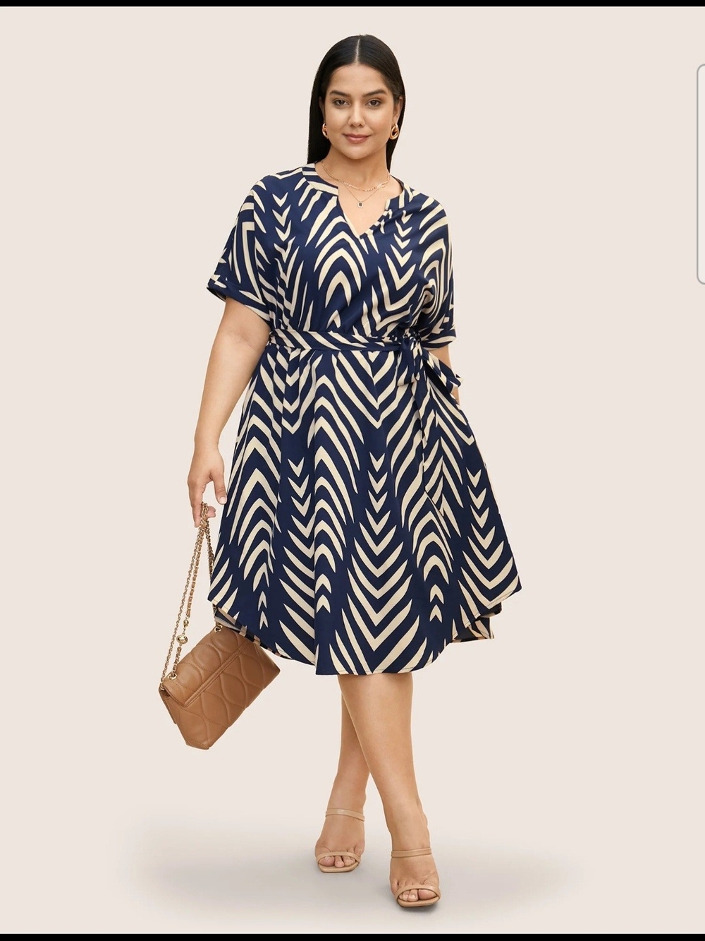 BloomChic Navy and Cream V-Neck Wrap Midi Dress